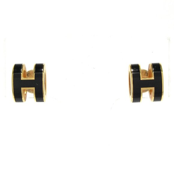 HERMES Mini Pop H Black Gold Hardware Earrings bran780-100325 - Picture 1 of 7